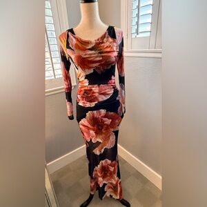 Floral Long Sleeve Two-piece Bodycon Dress in Black and Coral Floral